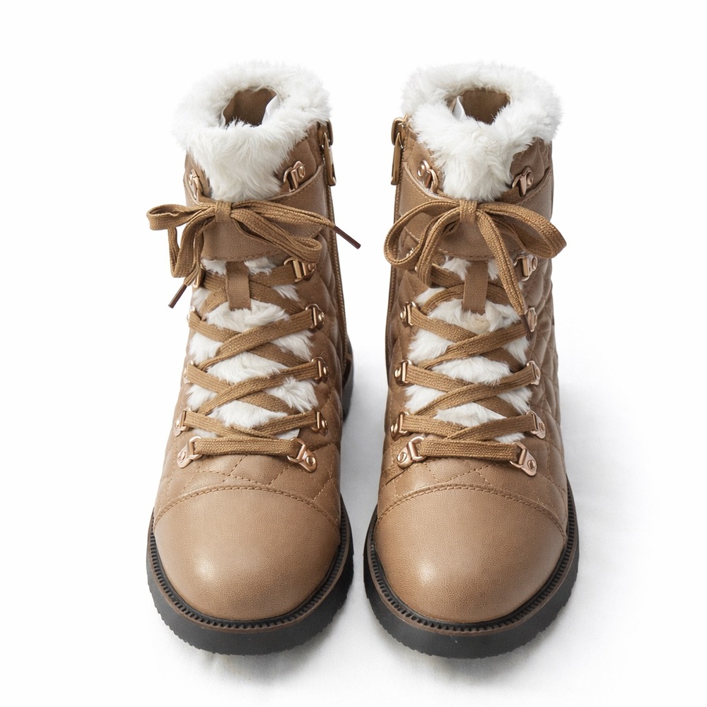 ShoeDazzle Quilted Lace-Up Winter Boots Faux Fur Zip Brown Women’s Size 8.5